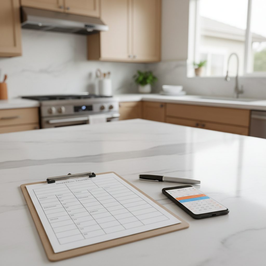 Property inspection clipboard on a kitchen counter with smartphone calendar