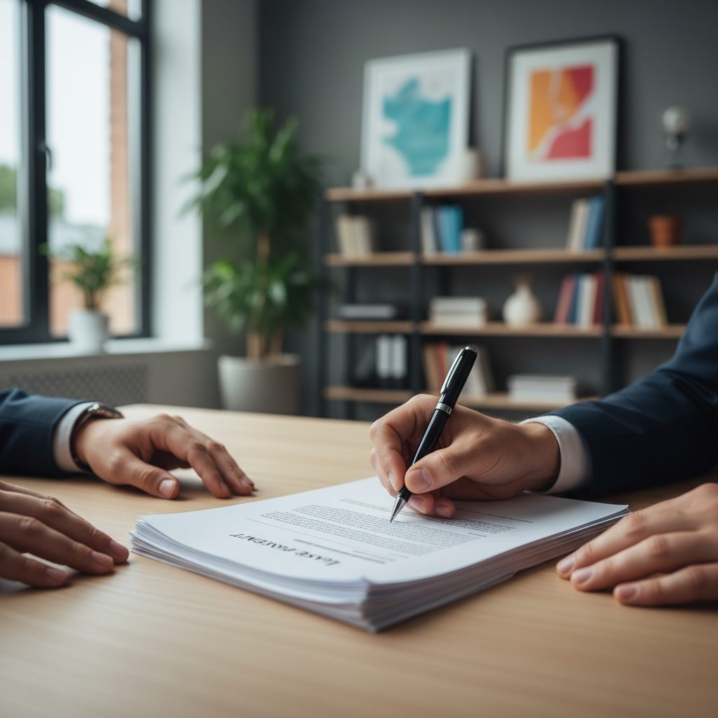 Hands signing a property lease agreement at a desk